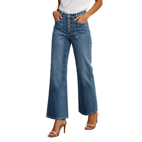 Toome Women's High Waisted Wide Leg Jeans Button Fly Cargo Pocket Cropped Denim Pants