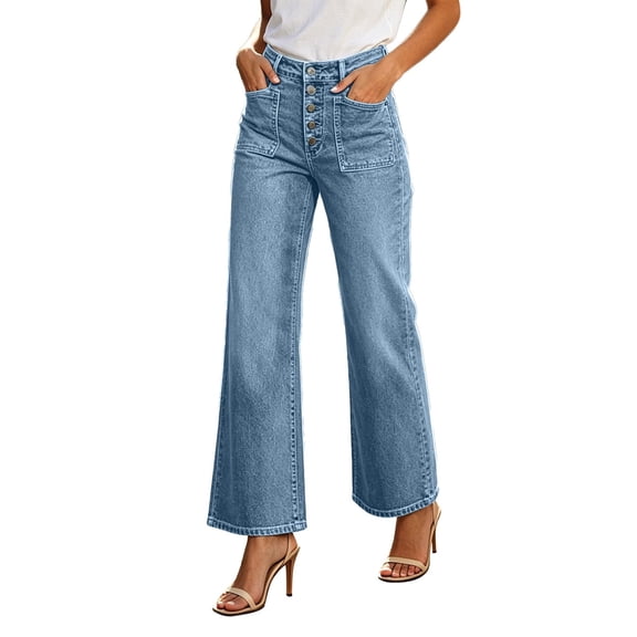 Toome Women's High Waisted Wide Leg Jeans Button Fly Cargo Pocket Cropped Denim Pants