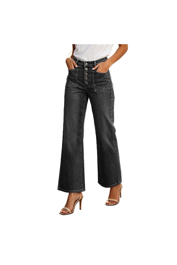 Women's High Waisted Wide Leg Jeans Button Fly Cargo Pocket Cropped Denim Pants