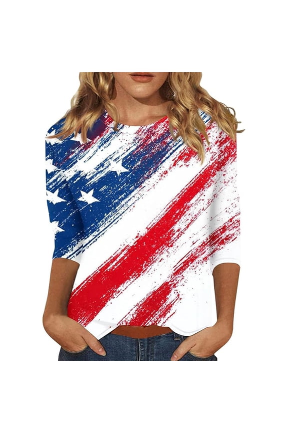 Womens Tops American Flag Summer Shirts, 3/4 Sleeve Patriotic Independence Day Tunic, Casual Crew Neck 4th of July Blouse, S-3XL