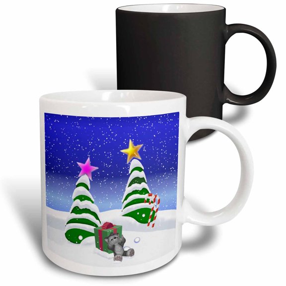 3drose, Toon Wolf Cub in Snow with Christmas Trees, 11oz Magic Transforming Mug