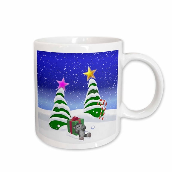 3drose, Toon Wolf Cub in Snow with Christmas Trees, 11oz Mug