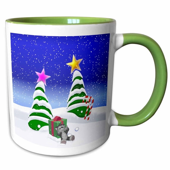 3drose, Toon Wolf Cub in Snow with Christmas Trees, 11oz Two-tone Green Mug