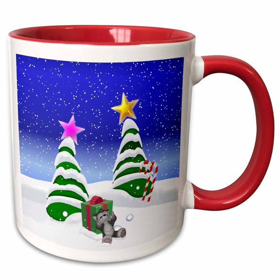 3drose, Toon Wolf Cub in Snow with Christmas Trees, 11oz Two-tone Red Mug