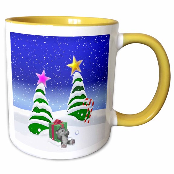 3drose, Toon Wolf Cub in Snow with Christmas Trees, 11oz Two-tone Yellow Mug
