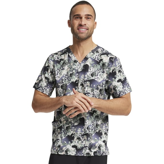 Tooniforms Scrubs Top For Men Women V-Neck Print TF728, S, Botanical Dino