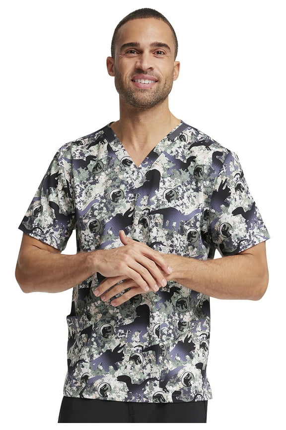 Scrubs Top For Men  Women V-Neck Print TF728, XS, Botanical Dino