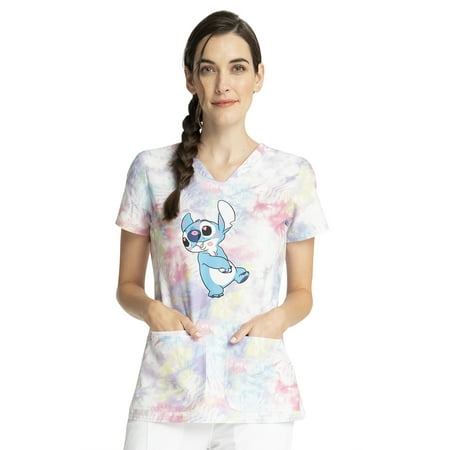 Tooniforms Scrubs Top For Women Shaped V-Neck Print TF772, S, Stitch Smooches
