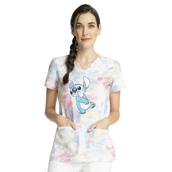 Tooniforms Scrubs Top For Women Shaped V-Neck Print TF772, XS, Stitch Smooches
