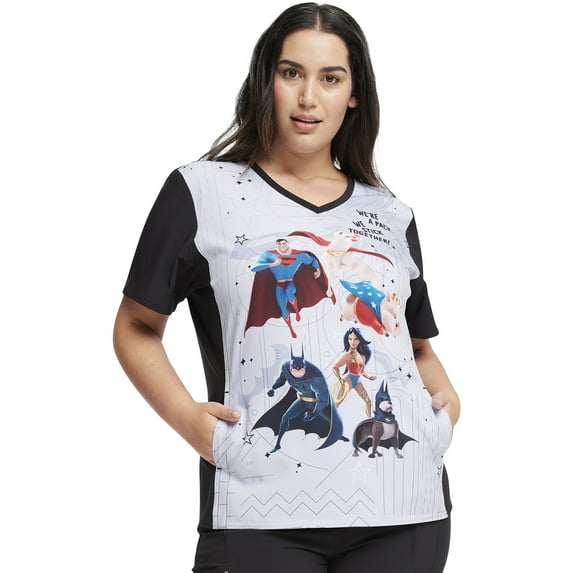 Tooniforms Scrubs Top For Women V-Neck Print TF627, XS, Super-Pets - Regular,Super-Pets,X-Small