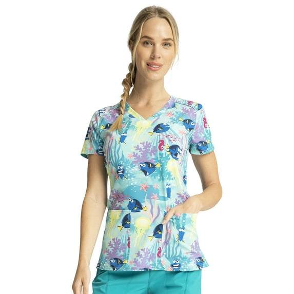 Tooniforms Scrubs Top For Women V-Neck Print TF776, L, Reef Action