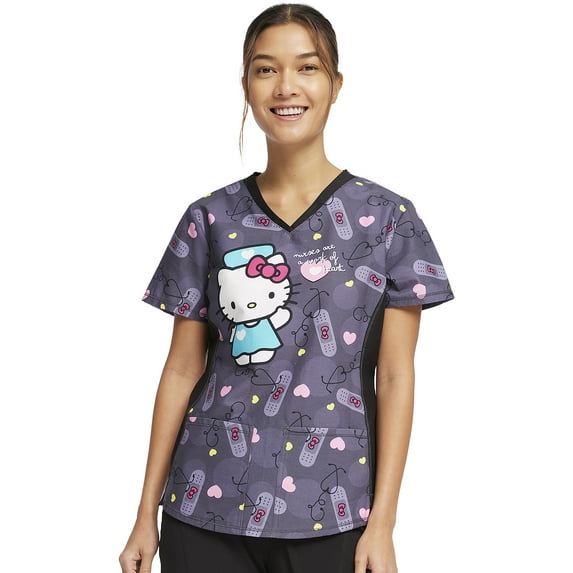 Tooniforms Scrubs Top For Women V-Neck Print TF783, S, Working Heart