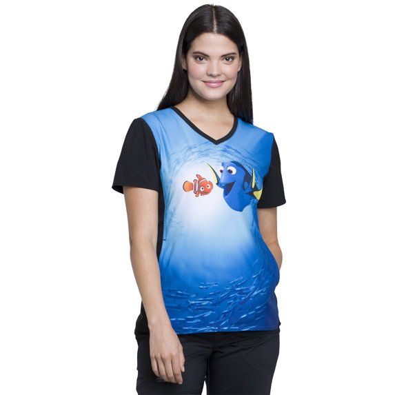 Tooniforms Scrubs Top for Women V-Neck TF627, S, Dory And Nemo