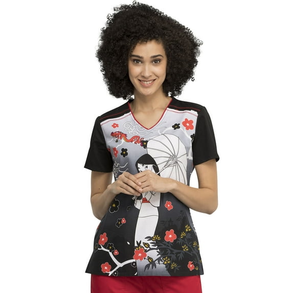 Tooniforms Women Scrubs Top, V-Neck, TF639, L, Mulan And Mushu