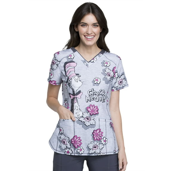 Tooniforms Women Scrubs Top, V-Neck, TF720, M, Check Meowt