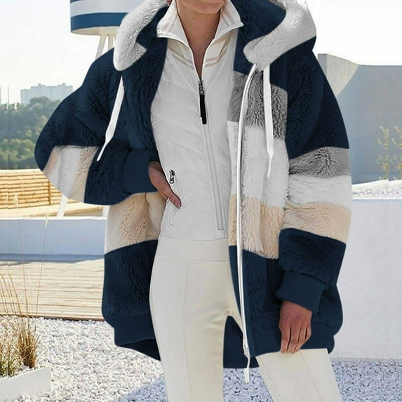New&Trending!Toonshare Black***Friday ,Clearance,Shacket Jackets for Women,Womens Winter Jacket,Jean Jacket for Women Plus Size Clearance,Plush Color-Block Zipper Pocket Hooded Jacket Navy XL