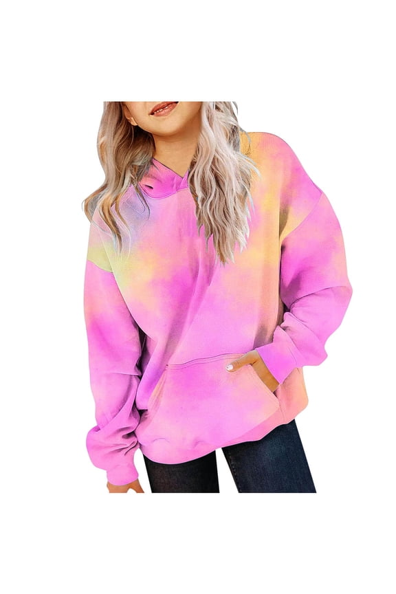 Black**Friday ,Long Sleeve Shirts for Girls 5T,Girls Clothes ,Girls Blouse Size 7,Tie-Dye Print Round Neck Hooded Long Sleeve Drawstring Fleece Hooded Sweater Top