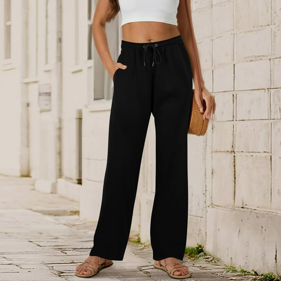 Toonshare Black Pants for Women Women's Casual Fashion Solid Color Drawstring Elastic Waist Straight-Leg Long Pants New Trendy Black S