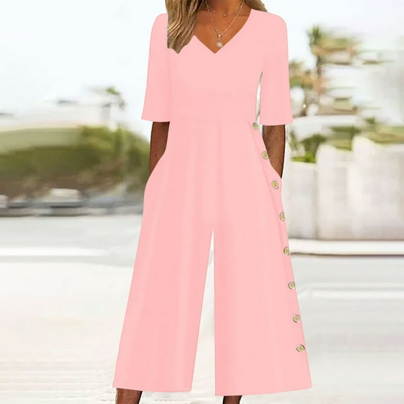 Toonshare Black and Friday Deal Women Jeans Trousers Under $5 Women's Summer Short Sleeved V-neck Jumpsuit Up To 50% Off!! Pink S