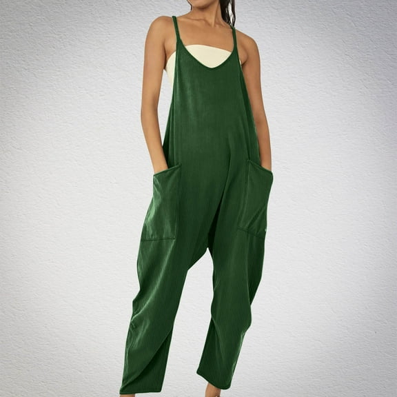 Toonshare Black and Friday Deal Women’s Elastic Waist Summer Solid With Pockets Outing Long Pants Jumpsuit Lightweight Women's Athletic Pants Green S