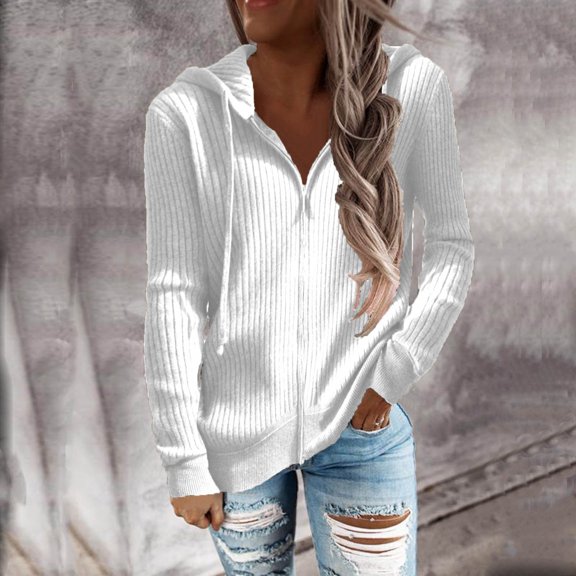 Toonshare Clearance,Black Jean Jacket Women,Cardigan Outerwear Tops,Winter Outfits for Women 2024,Hooded Sweater Knit Zipper Open Long Sleeve Coat White M