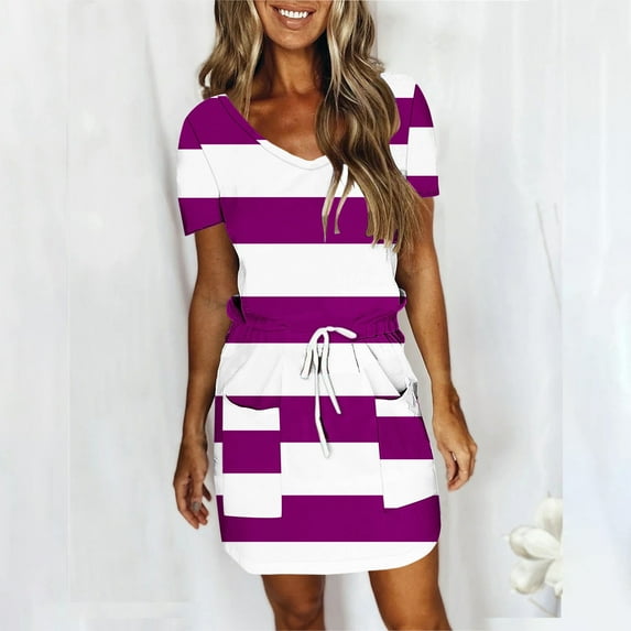 Toonshare Clearance Plus Size Women's Fashion Solid Color Short Sleeve V-Neck Mid-Calf Dress