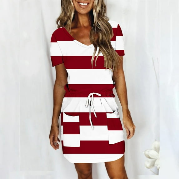 Spring Fashion!Toonshare Clearance Plus Size Women's Fashion Solid Color Short Sleeve V-Neck Mid-Calf Dress