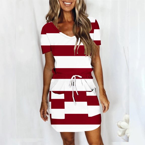 Toonshare Plus Size Women's Fashion Solid Color Short Sleeve V-Neck Mid-Calf Dress