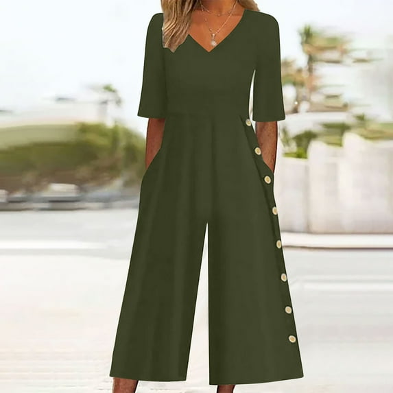 Toonshare Black and Friday Deal Fit Pants for Women Summer Short Sleeved V-neck Jumpsuit Clothing Summer Savings!! Army Green M