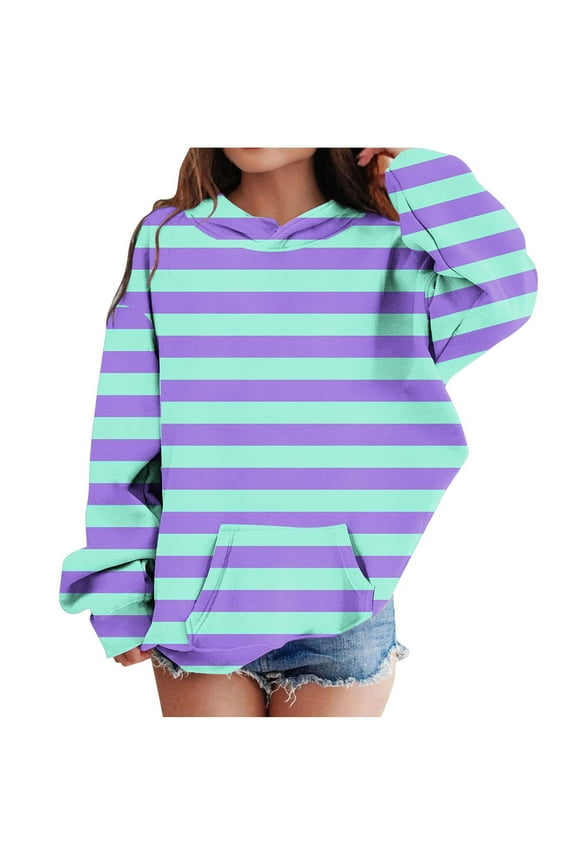 ,Up to 50% off,Girls' Double-Layer Hood with Stripe Print Round Neck Hooded Long Sleeve Hooded Sweatshirt top,Girls Shirts Size 7-8,Kids Long Sleeve Shirts Girls 10-12