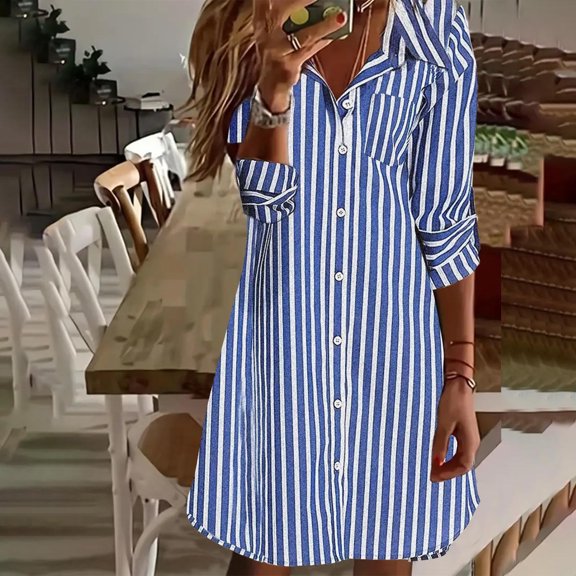 Toonshare Dresses for Women Plus Size Ladies' Fashionable Casual Striped Button Up Lapel Dress up to 50% off Blue S