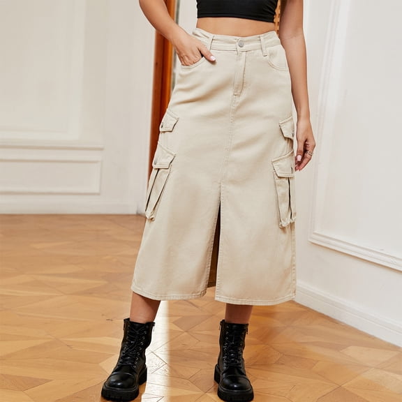 Toonshare Fall Dresses for Women Women's Elastic Waist Denim Workwear Casual Skirt Gifts for Women Khaki S