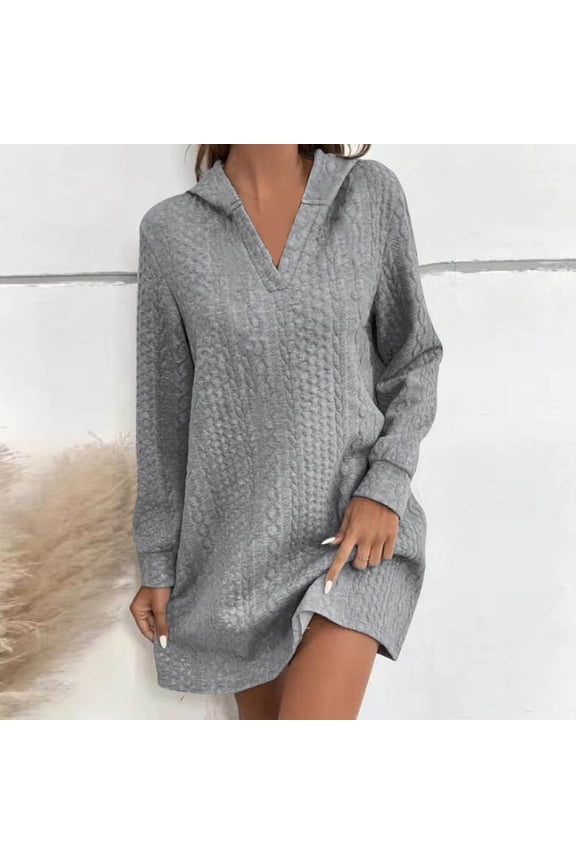 Fashion Sexy Women's Casual Long Sleeve Dress Solid Outing Hooded Dress Fashion Casual Gray M