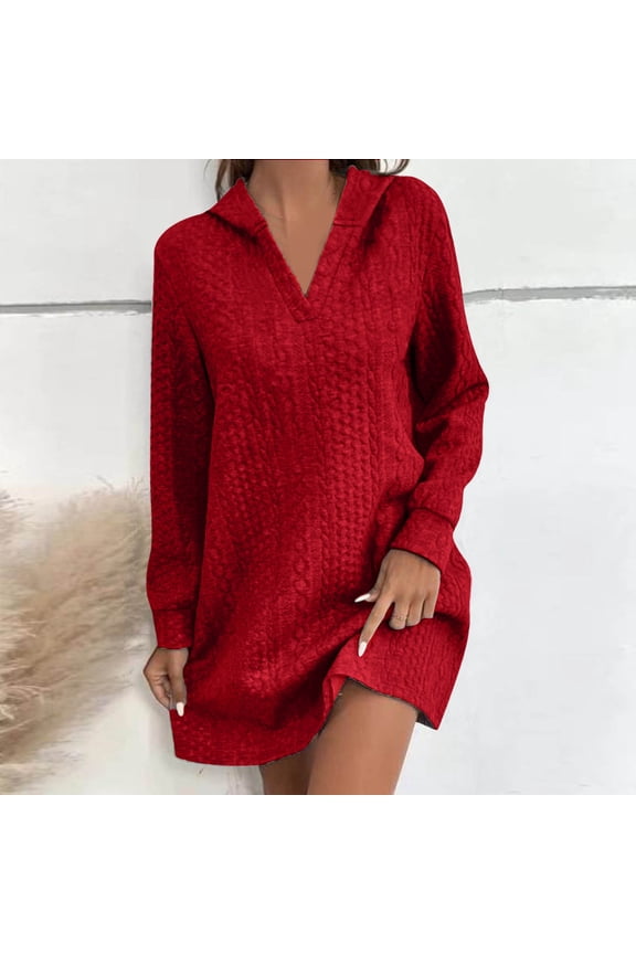 Fashion Sexy Women's Casual Long Sleeve Dress Solid Outing Hooded Dress Fashionable Red XXL