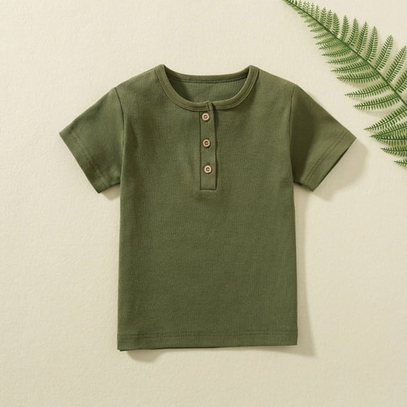 Women'S 2025 Summer!Toonshare Girls Clothing Clearance Short Sleeve Shirts Size 5 Years Toddler Kids Boys Girls Fashion Comfortable Solid Color Button Round Neck Short Sleeve Top Army Green