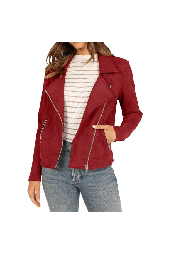 Jackets for Women Chic New Trendy Women's Fall Faux Suede Biker Moto Jacket Fashion Long Sleeve Zipper Short Casual Coat With Pockets Red XXXL
