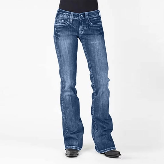 Toonshare Jeans Under $10 Chic 2024 Clearance Women Mid Waisted Embroidery Stretch Button Straight Full Length Pants