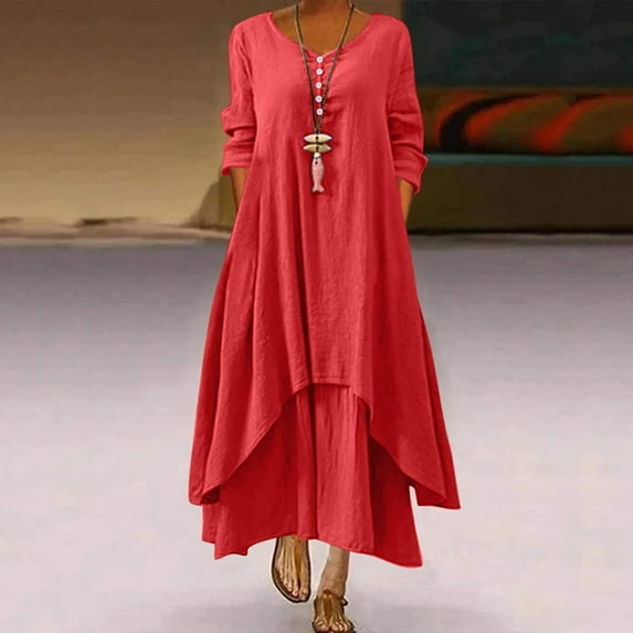 Toonshare Linen Flowy Golf Skirts For Women Women's Fashion Plus Size Round-Neck Solid Long Dress Helf Sleeve Buttons Dress