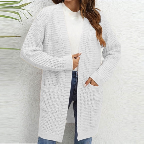 Toonshare Long Winter Coats for Women Women's Solid Color Knit Simple Pocket Long Sleeve Cardigan Sweater Fashion White XL