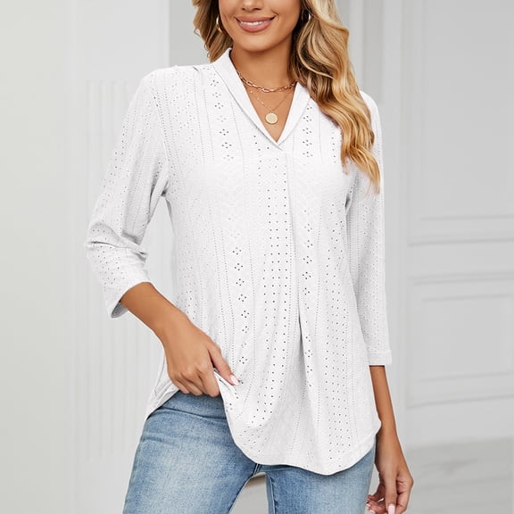 Toonshare Plus Size Women's V-Neck Solid Color Three Quarter Sleeve Lapel Tops White S