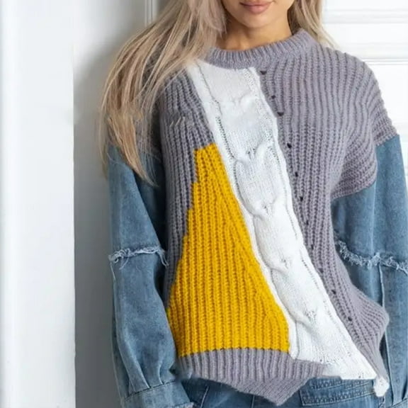 Toonshare Sweaters for Women Cardigan Women's Winter Pullover Knit Sweater with Long Sleeves and Denim Patchwork Women Clothing Gray S