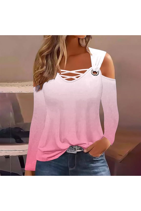Women's Casual Off-Shoulder Gradient Color Long Sleeve Top For Juniors T Shirts for Women Pink L