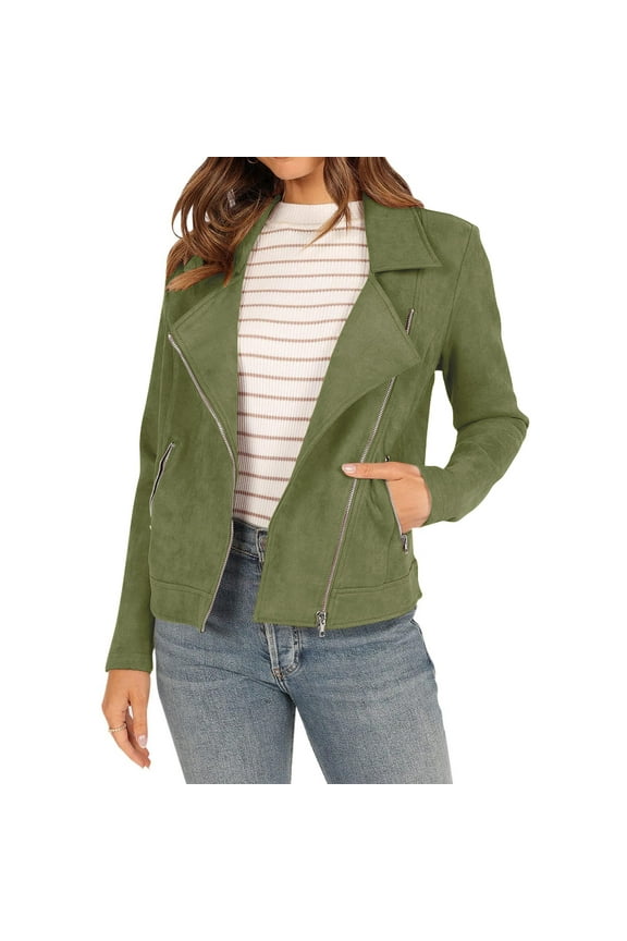 Womens Blazers Casual Soft 2024 Clearance Women's Fall Faux Suede Biker Moto Jacket Fashion Long Sleeve Zipper Short Casual Coat With Pockets Green S