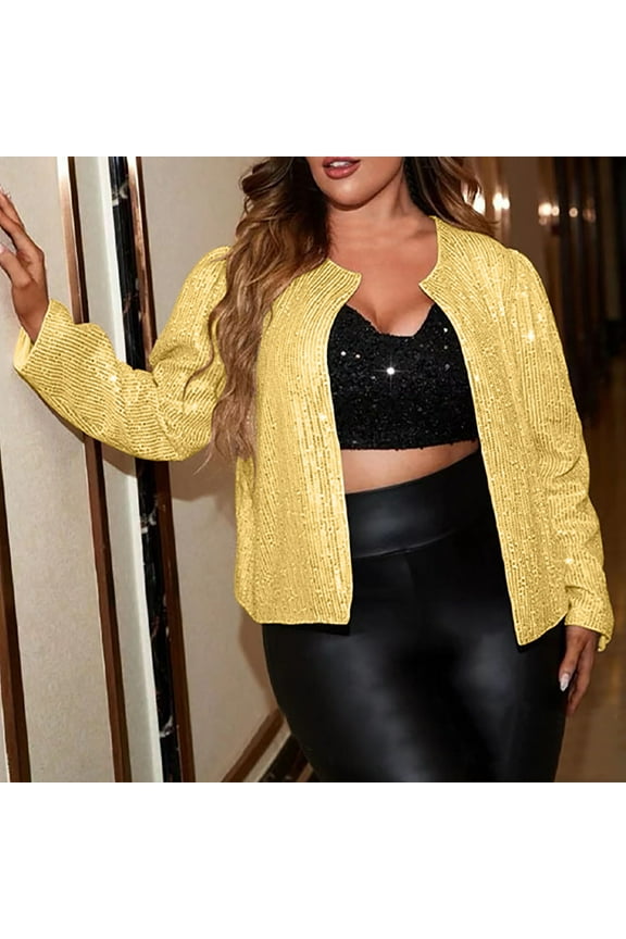 Womens Blazers On Clearance Cozy New Trendy Fashion Women Open Front Sequin Jacket Long Sleeve Short Blazer Casual Coat Tops Gold XXXXL
