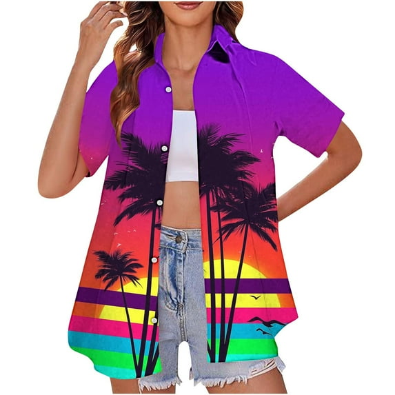 Toonshare Womens Blouses Clearance Under $10 Fashion Deals Trendy Womens Hawaiian Shirts Button Up Casual Shirt Summer Beach Shirt Cool Short Sleeve Blouse Tops Multicolor XXXXL