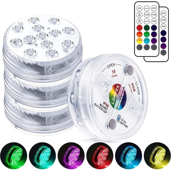 Toopower 4 Pack Submersible LED Pool Lights with Remote Control, 13 LED 16 Color Changing Underwater Lights, Battery Powered with Magnets & 10 Suction Cups for Inground & Above Ground Pools, Ponds