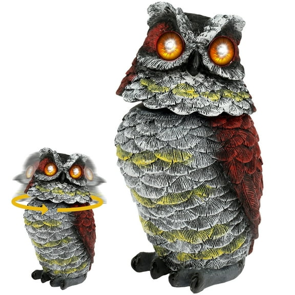 1PC Resin Solar Owl with Flashing Eyes and Rotating Head Realistic Solar Powered Garden Owl Statue Waterproof Solar Owl Decoys to Scare Birds Away