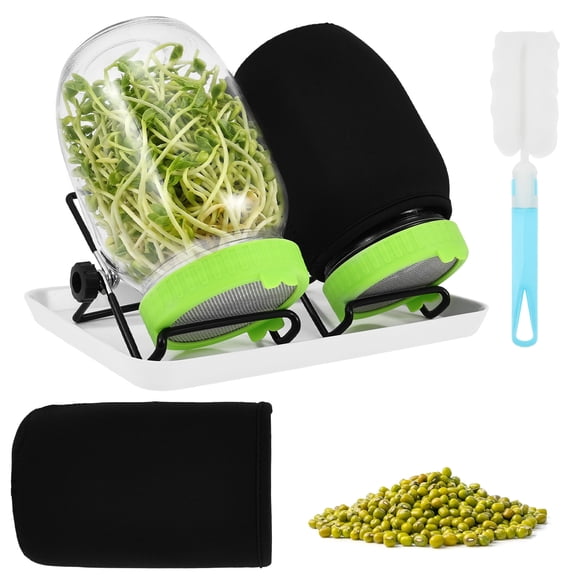 Toorise 2 Pack Seed Sprouting Jar Kit Complete Glass Sprout Growing Set with Stainless Steel Lid Drain Stand Light Blocking Sleeve and Tray for Broccoli Mung Bean Alfalfa Sprout