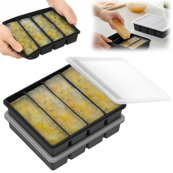 Toorise 2 Pack Silicone Freezer Tray with Lid 4 Compartment Soup Freezer Container Mold Ice Cube Tray for Meal Prep and Freezing Soup Stew Sauce Garlic Herb