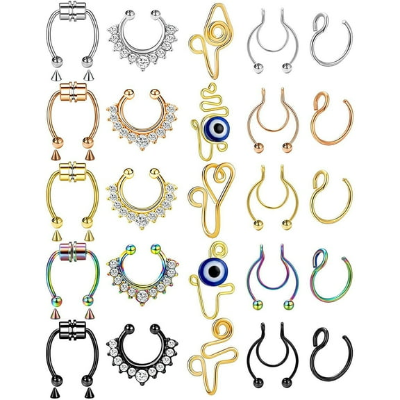 Toorise 25 Pcs Fake Septum Nose Rings Hoop for Women Men Girls Stainless Steel Faux Piercing Jewelry Fake Lip Ear Nose Ring Hoop Stainless Steel Non Piercing Jewelry
